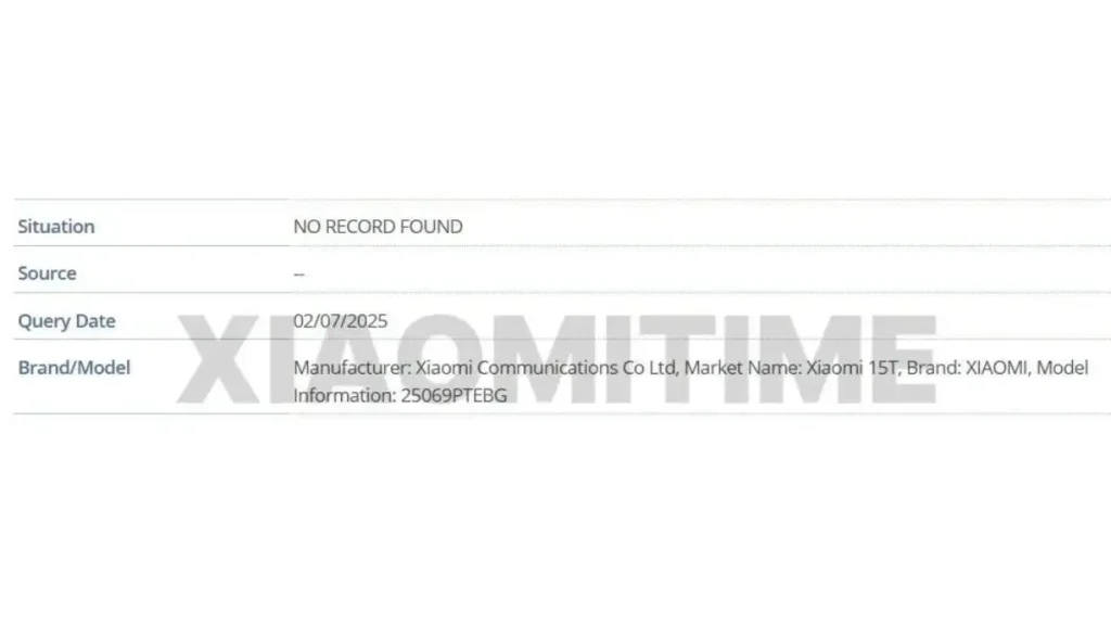 Xiaomi 15T GSMA IMEI database